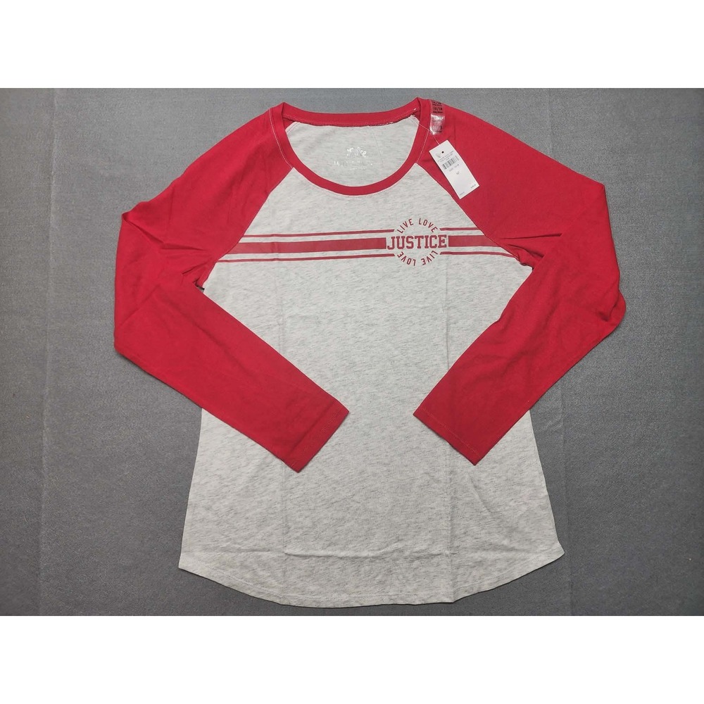 Justice Girls Raglan Long Sleeve Tee Gray Red Live Love Justice Size 16/18 NEW